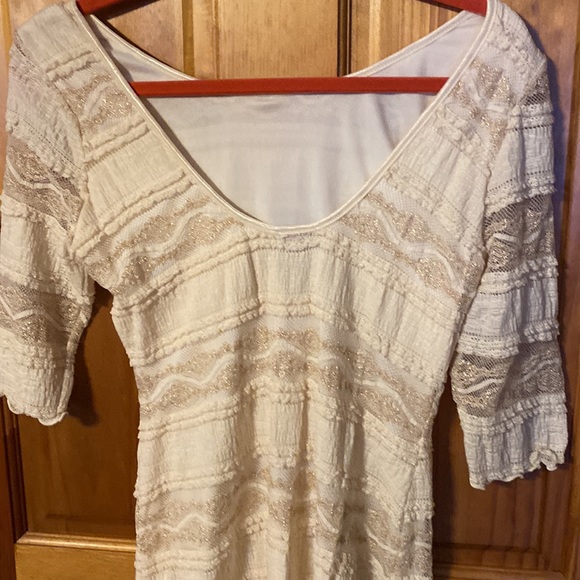 EUC/ BEBE beautiful fully lined off white with gold stitching dress. - Picture 3 of 12